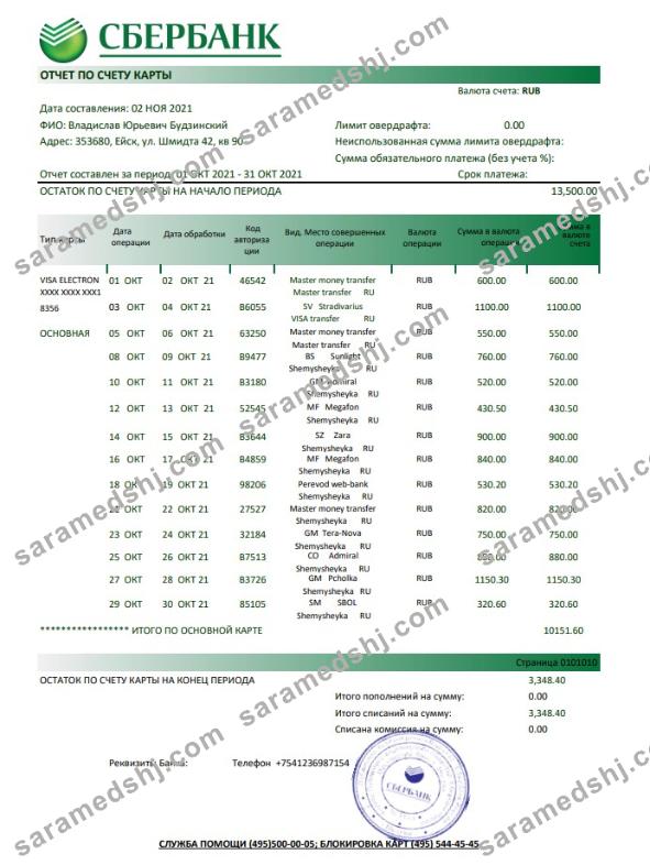 Russia Sberbank bank statement easy to fill template in Excel and PDF format